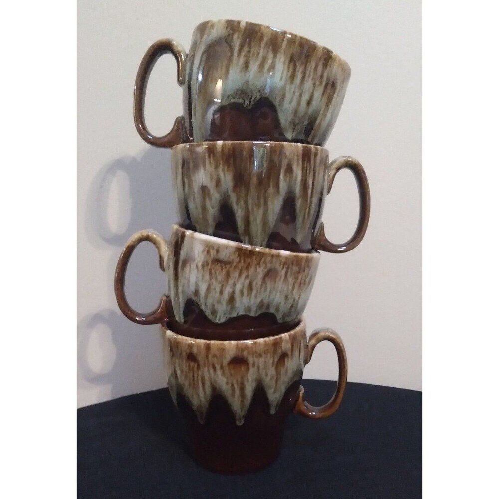 Vintage Brown and Beige Drip Glaze Pottery Coffee Mugs set of 4